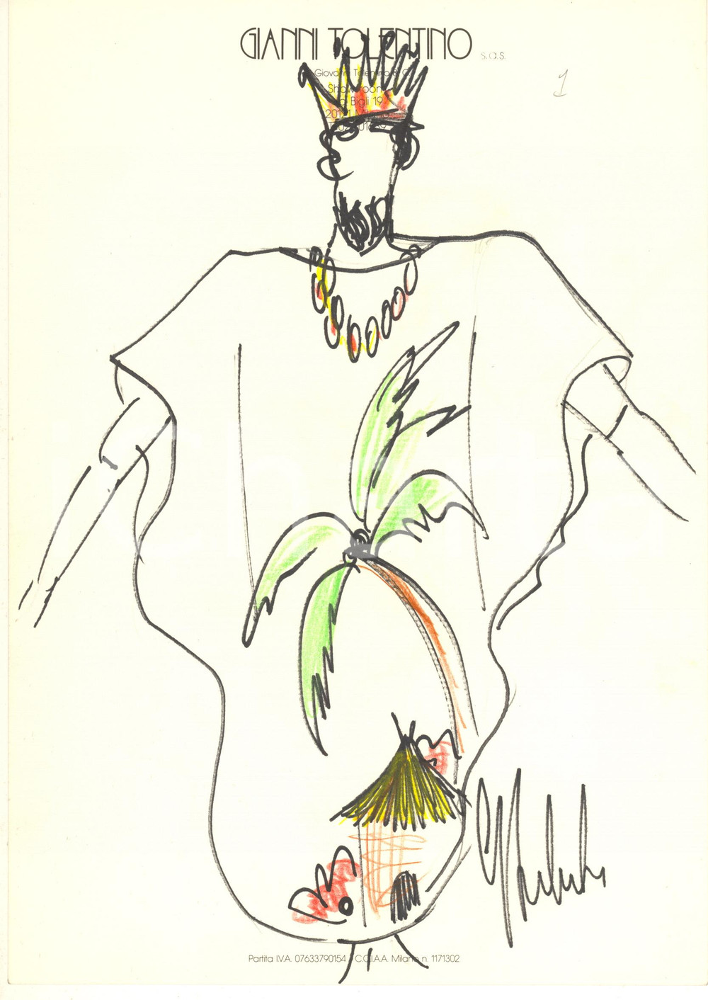 1990 ca MODA MILANO Gianni TOLENTINO - Bozzetto costume re africano *AUTOGRAFO Bozzetto originale, autografo, realizzato a pennarello e pastello, di mano dello stilista Gianni Tolentino.Su carta, con intestazione dello showroom di via Bigli 19. GOOD/buono  Formato: 21x30 cm originale e autentica 1