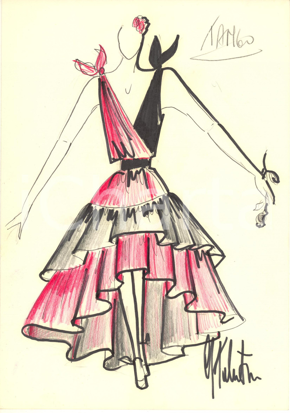 1990 ca MODA MILANO Gianni TOLENTINO - Bozzetto costume tango donna *AUTOGRAFO Bozzetto originale, autografo, realizzato a pennarello e pastello, di mano dello stilista Gianni Tolentino.Su carta. GOOD/buono  Formato: 21x30 cm originale e autentica 1