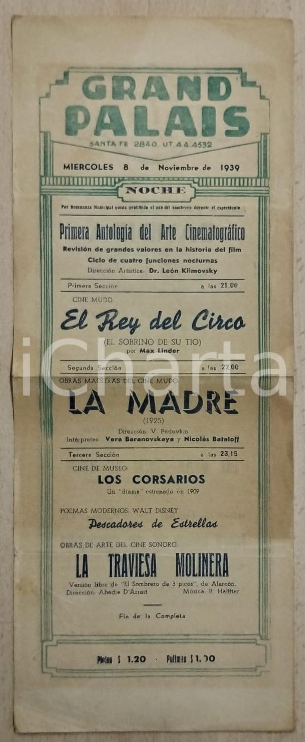 1939 SANTA FE - GRAND PALAIS "Pescadores de estrelles" by Walt DISNEY Manifesto Manifesto d'epoca. FAIR/discreto Piegatura centrale d'epoca, bruniture, gualciture ai margini Formato: 13x34 cm originale e autentica 1