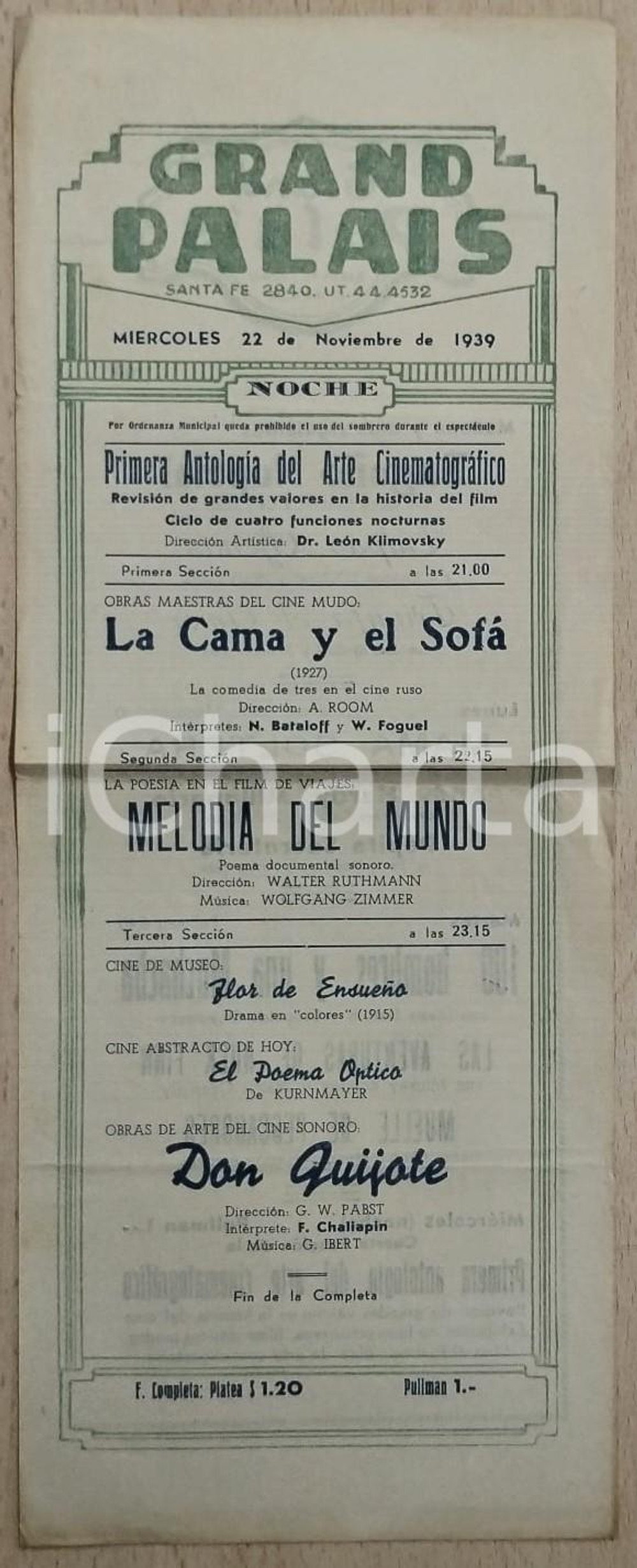 1939 SANTA FE (USA) GRAND PALAIS "Don Quijote" by G.W. PABST Manifesto 13x34 cm Manifesto d'epoca. FAIR/discreto Piegatura centrale d'epoca, bruniture, gualciture ai margini Formato: 13x34 cm originale e autentica 1