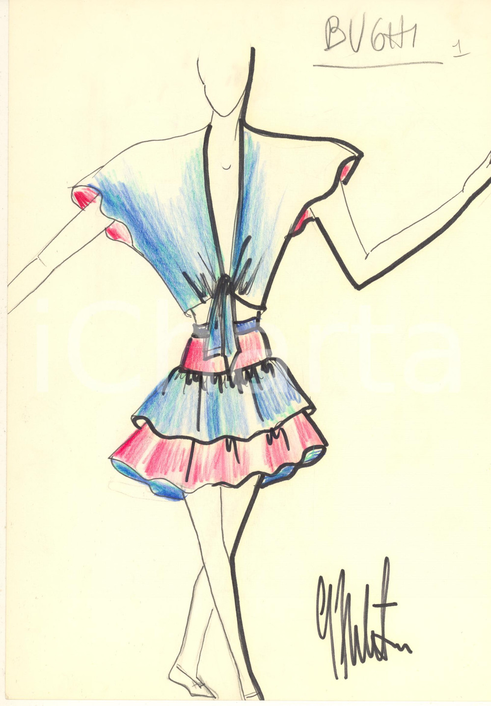 1990 ca MODA MILANO Gianni TOLENTINO - Bozzetto costume boogie donna *AUTOGRAFO Bozzetto originale, autografo, realizzato a pennarello e pastello, di mano dello stilista Gianni Tolentino.Su carta. GOOD/buono  Formato: 21x30 cm originale e autentica 1