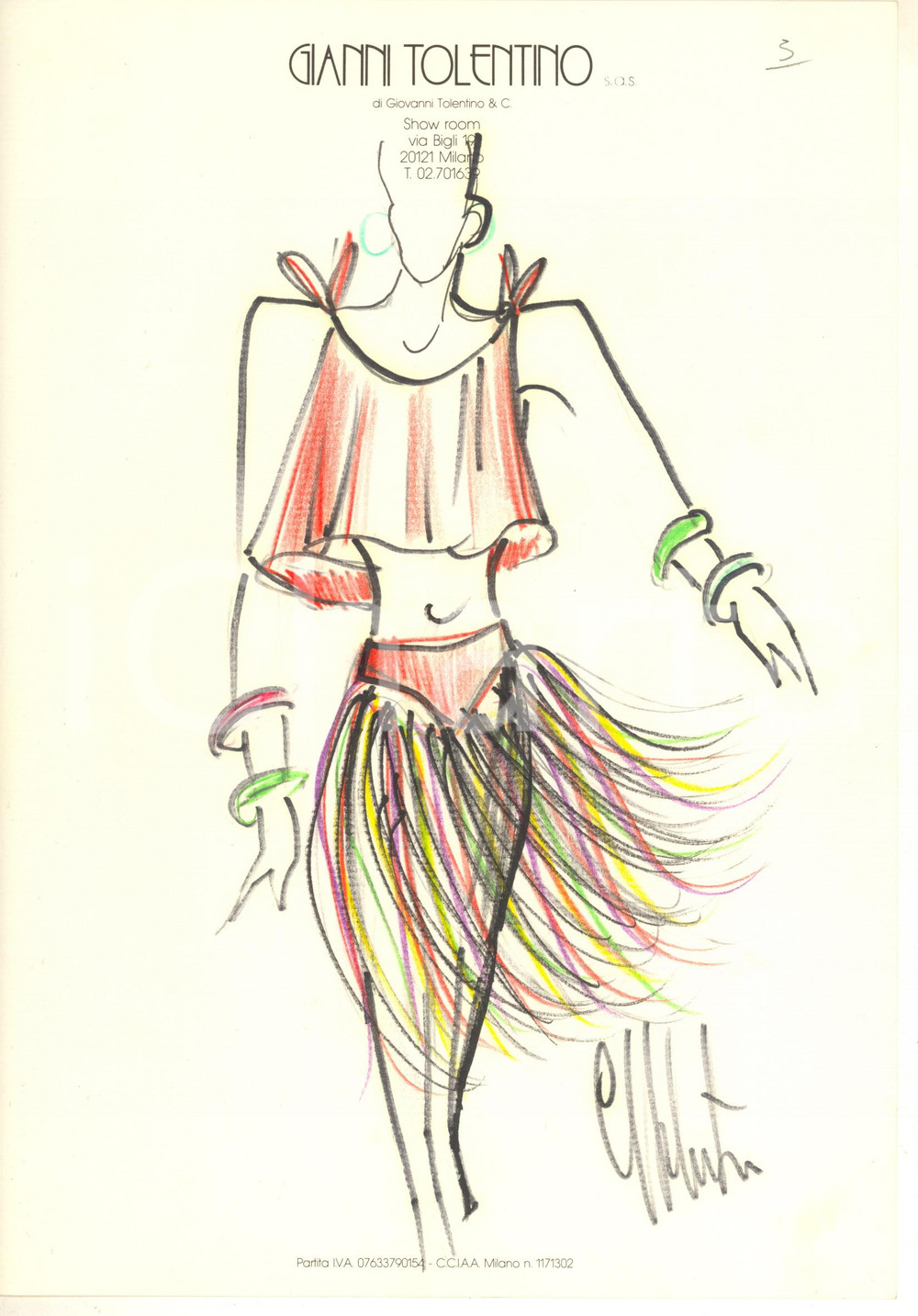 1990 ca MODA MILANO Gianni TOLENTINO - Bozzetto costume ballerina *AUTOGRAFO Bozzetto originale, autografo, realizzato a pennarello e pastello, di mano dello stilista Gianni Tolentino.Su carta, con intestazione dello showroom di via Bigli 19. GOOD/buono  Formato: 21x30 cm originale e autentica 1