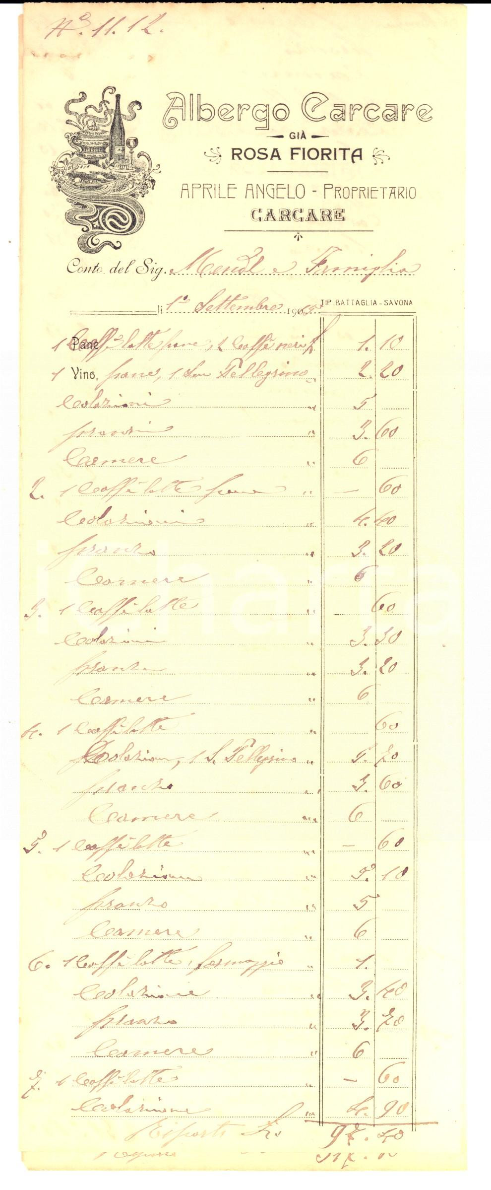 Documento originale, autentico 1915 CARCARE (SV) Albergo CARCARE già ROSA FIORITA Proprietà ANGELO APRILE 1