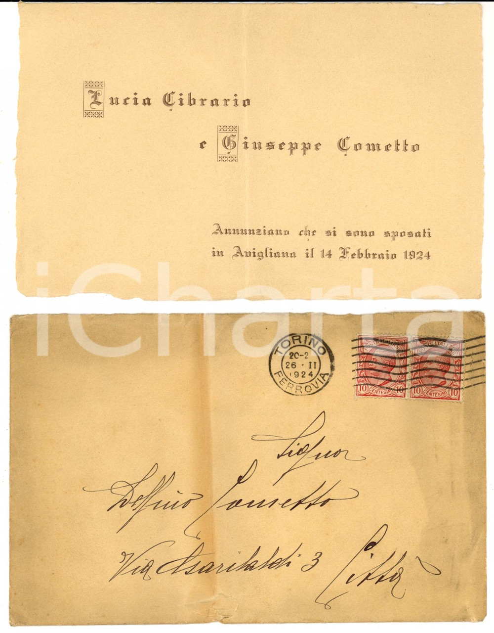 Oggetto da collezione cartaceo 1924 AVIGLIANA Nozze Lucia CIBRARIO  Giuseppe COMETTO Partecipazione 1 1