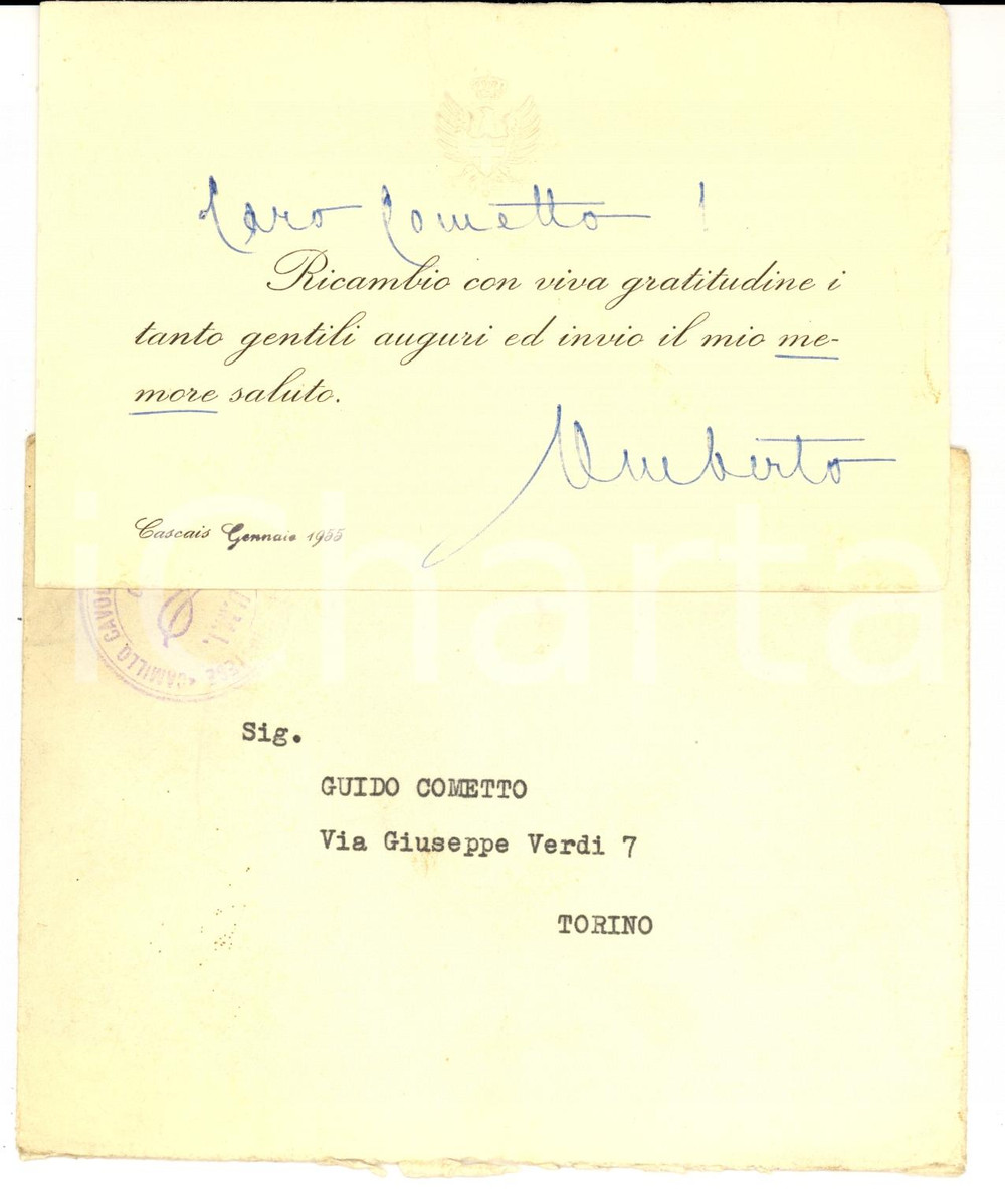 Autografo originale 1955 CASCAIS Auguri re UMBERTO II in esilio a Guido COMETTO Biglietto autografo 1