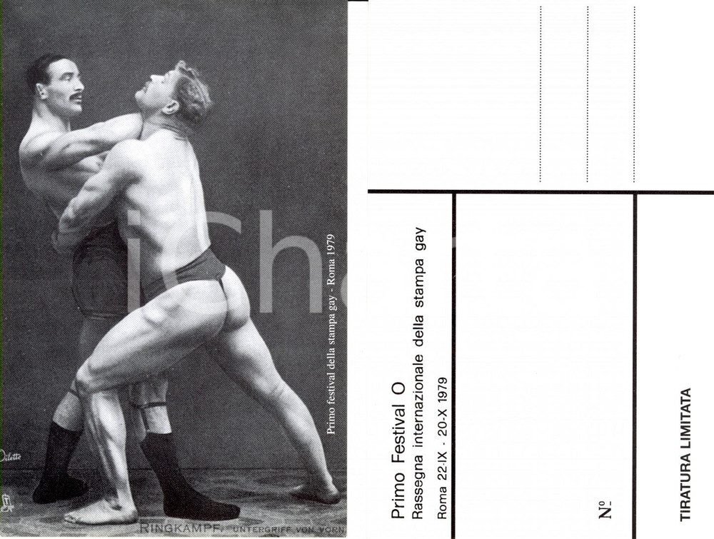 Cartolina originale da collezione 1979 ROMA Festival O STAMPA GAY Due wrestler sul ring FP NV 1