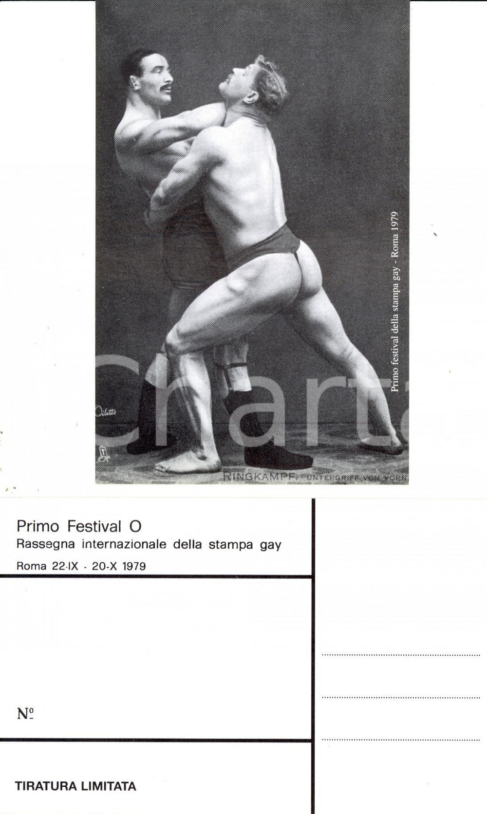 Cartolina originale da collezione 1979 ROMA Festival O STAMPA GAY Due wrestler sul ring mostrano una presa FP NV 1