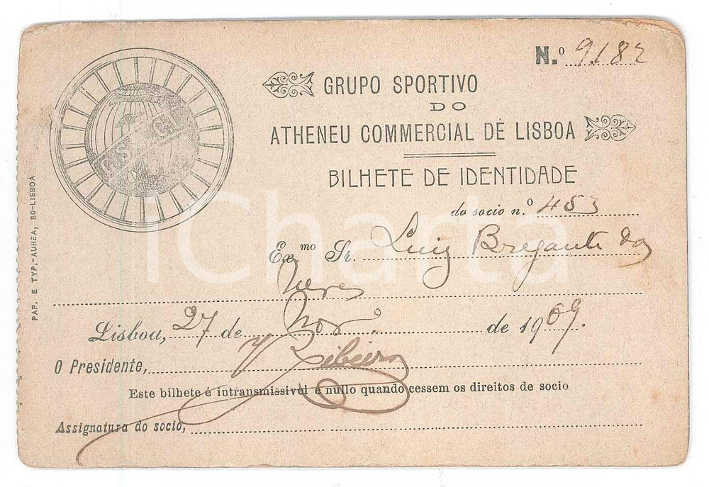 1909 LISBOA - GSACL Grupo sportivo atheneu commercial de Lisboa - Bilhete Tessera d'epoca. FAIR/discreto Bruniture, lievi abrasioni ai margini Formato: 11x7 cm originale e autentica 1