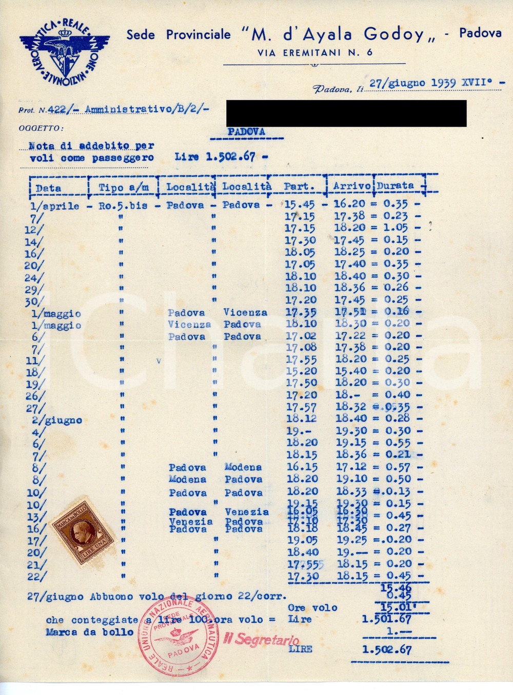 Documento originale, autentico 1939 PADOVA Unione Nazionale Aeronautica Reale  Nota per volo passeggero 1