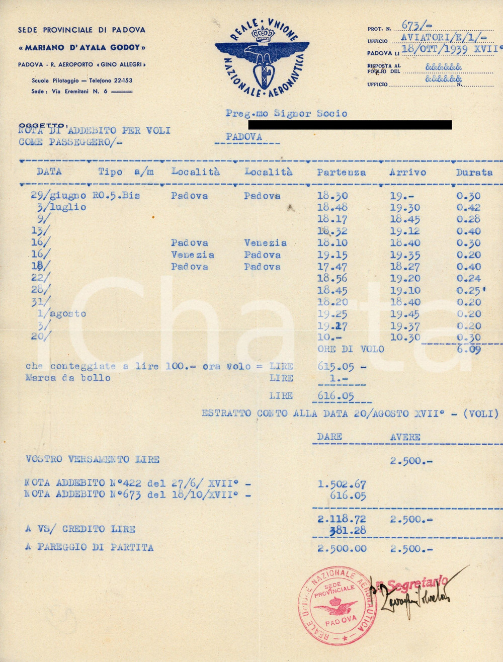 Documento originale, autentico 1939 PADOVA Unione Nazionale Aeronautica Reale  Nota per volo passeggero 1 1