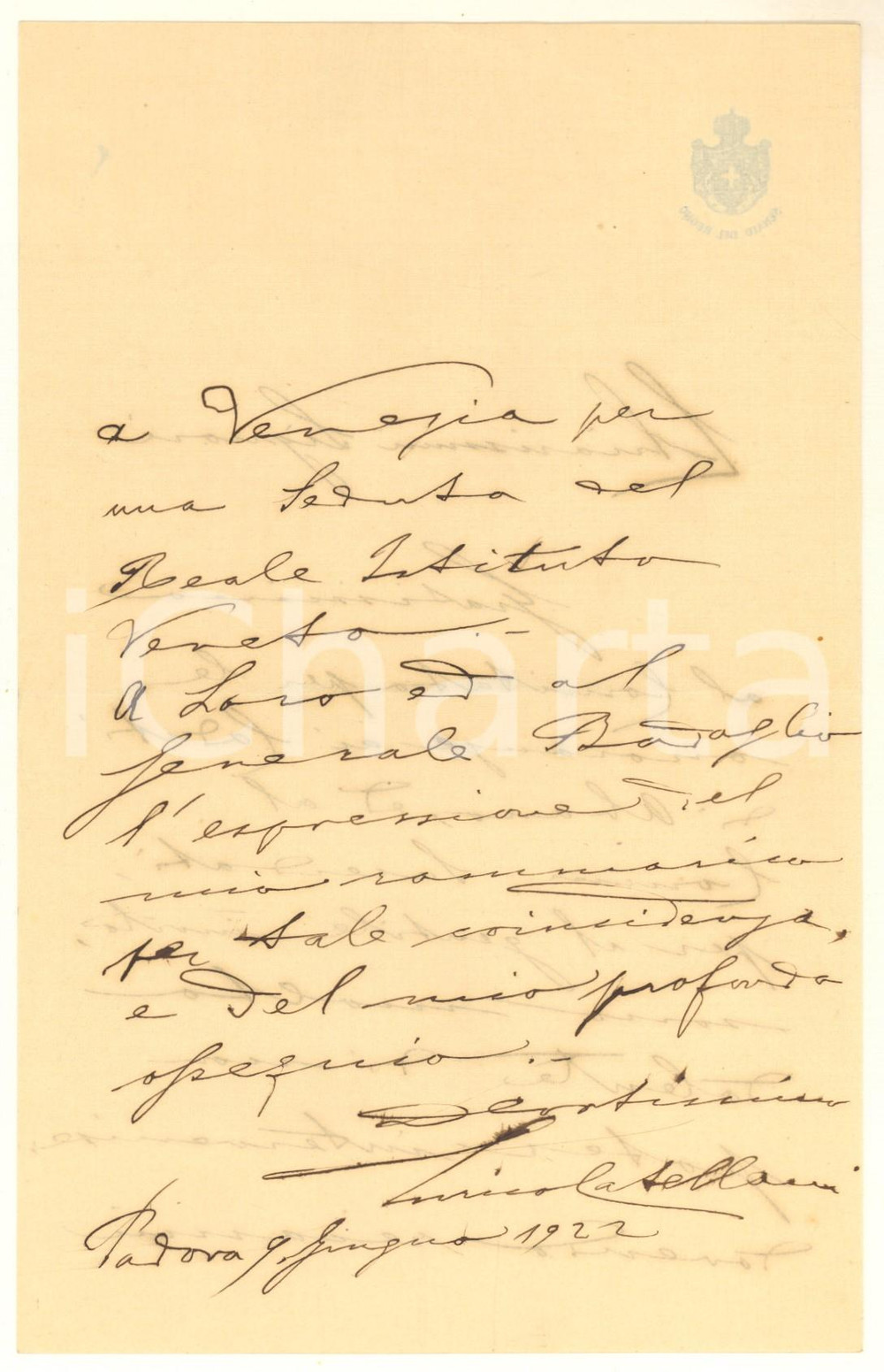 1922 PADOVA Lettera sen. Enrico CATELLANI per invito ricevuto *Autografo Lettera interamente autografa del giurista Enrico Catellani, che non può partecipare a un evento perché convocato dal Reale Istituto Veneto.Su carta intestata "Senato del Regno".Busta intestata non viaggiata.PAGINE: 4 (2 facciate scritte) FAIR/discreto piegatura centrale d'epoca Formato: 14x21 cm originale e autentica 1