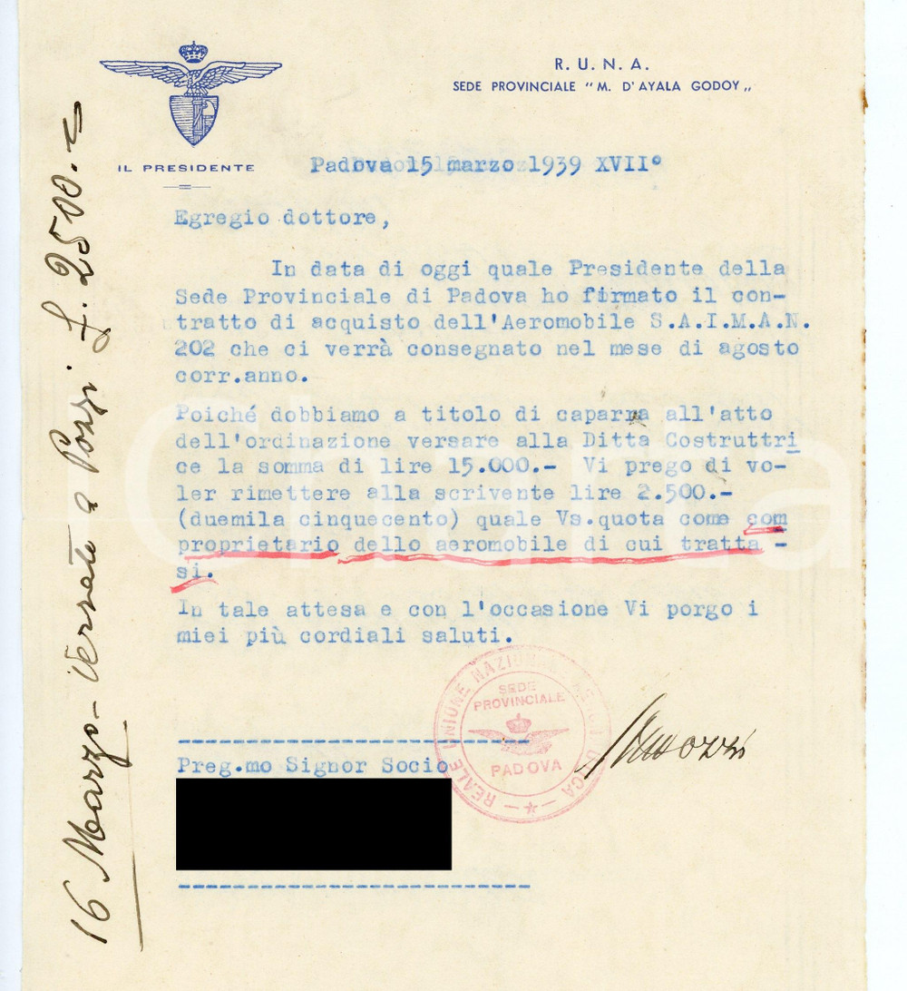 Documento originale, autentico 1940 PADOVA Reale Unione Nazionale Aeronautica  Caparra aeromobile SAIMAN 202 1