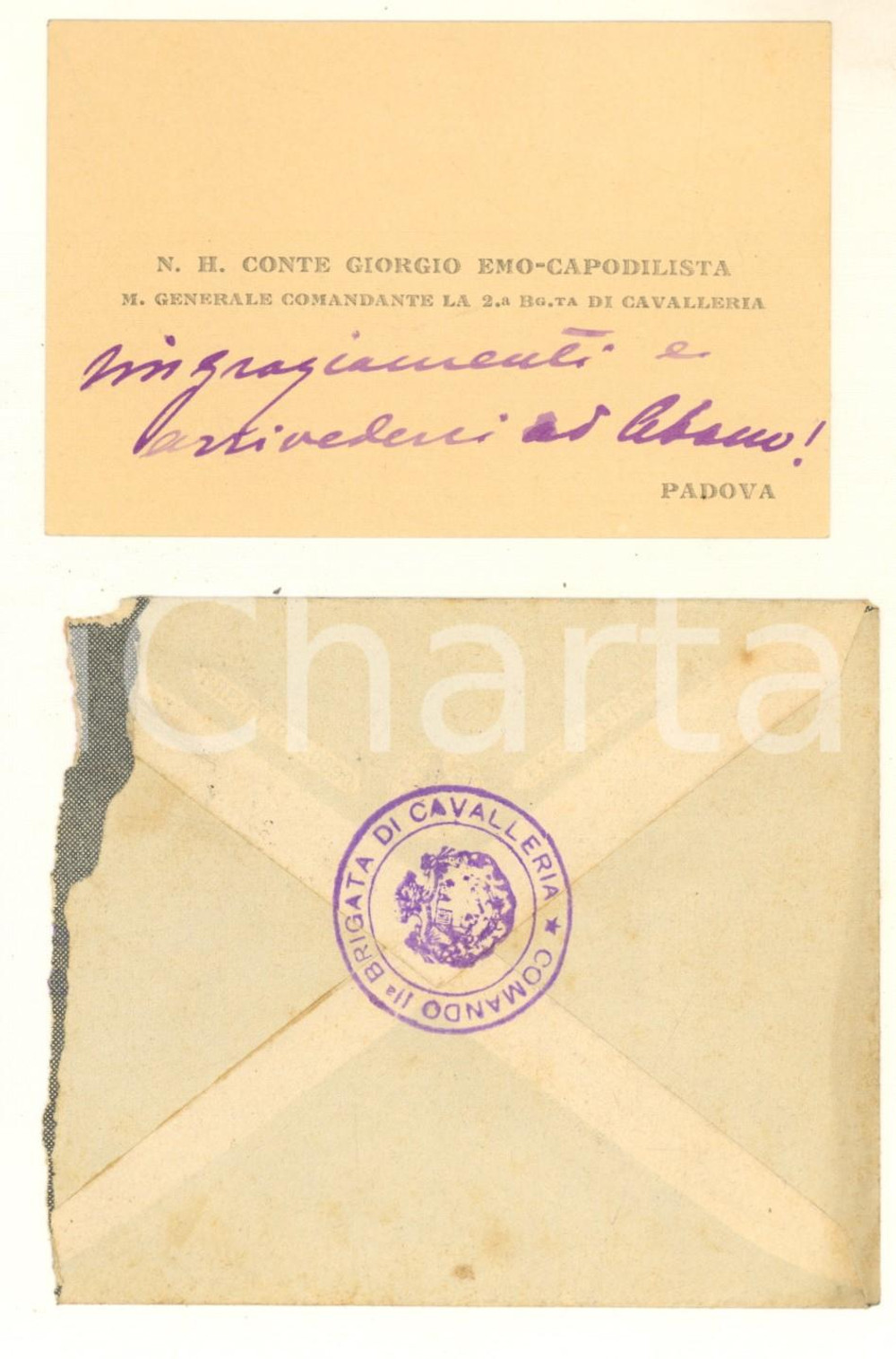 1922 PADOVA Biglietto conte Giorgio EMO CAPODILISTA *Autografo Biglietto da visita con messaggio autografo.Busta viaggiata con timbro "Comando II Brigata di Cavalleria". GOOD/buono   originale e autentica 1