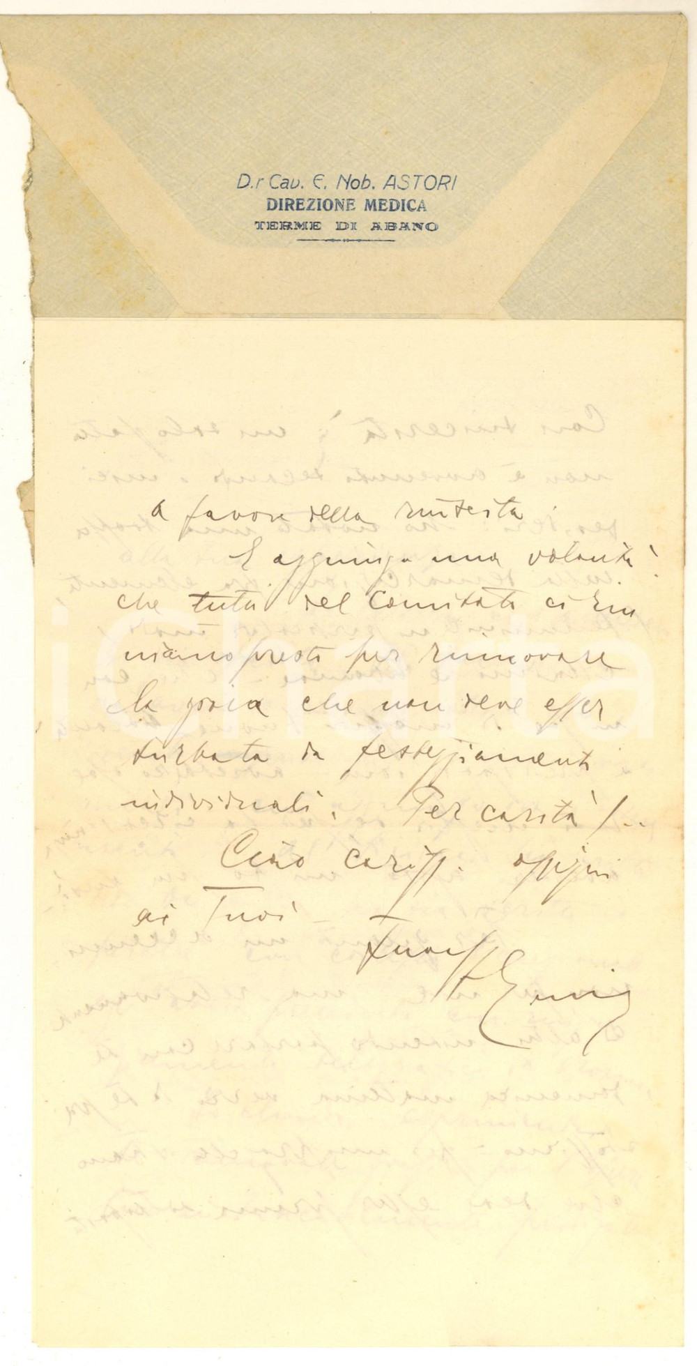 1922 ABANO TERME Lettera Emilio ASTORI Direzione Medica *Autografo Lettera interamente autografa del cav. Emilio Astori, direttore medico delle Terme di Abano, con messaggio di ringraziamento.Su carta intestata.Busta intestata non viaggiata.PAGINE: 4  FAIR/discreto piegatura centrale d'epoca Formato: 14x21 cm originale e autentica 1