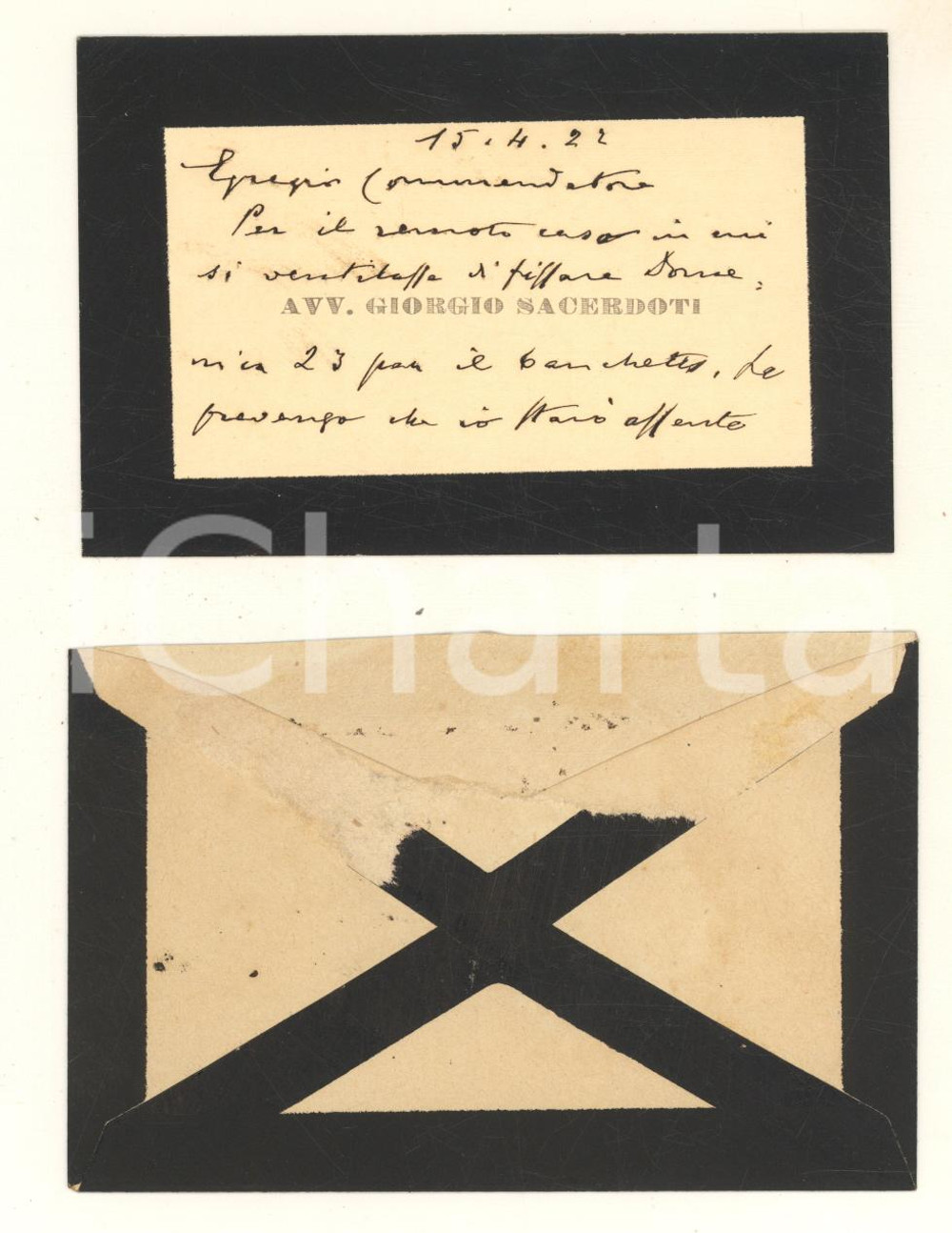1922 PADOVA Biglietto avvocato Giorgio SACERDOTI per banchetto *Autografo Biglietto da visita con messaggio autografo, scritto su entrambe le facciate.Busta non viaggiata. GOOD/buono   originale e autentica 1