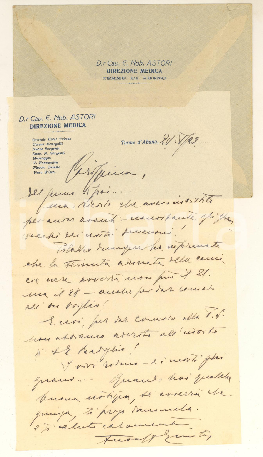 1922 ABANO TERME Emilio ASTORI - Temuta adunata delle camicie nere *Autografo Lettera interamente autografa del cav. Emilio Astori, direttore medico delle Terme di Abano, che parla di un comizio e di una non gradita adunata di fascisti.Su carta intestata.Busta intestata non viaggiata.PAGINE: 1 FAIR/discreto piegatura centrale d'epoca Formato: 14x21 cm originale e autentica 1