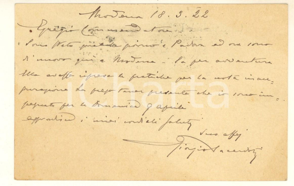 1922 MODENA Avv. Giorgio SACERDOTI su inaugurazione - Cartolina autografa Cartolina postale originale d'epoca, con messaggio autografo.Viaggiata. GOOD/buono   originale e autentica 1