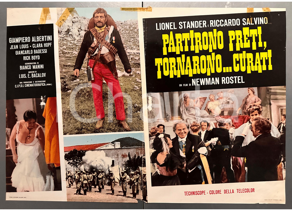 1974 Newman ROSTEL "Partirono preti, tornarono...curati"-  Fotobusta film (2) Fotobusta originale d'epoca. VERY POOR/gravemente danneggiato evidenti piegature d'epoca; fori di affissione; residui di adesivo; abrasioni e mancanze marginali Formato: 66x46 cm originale e autentica 1