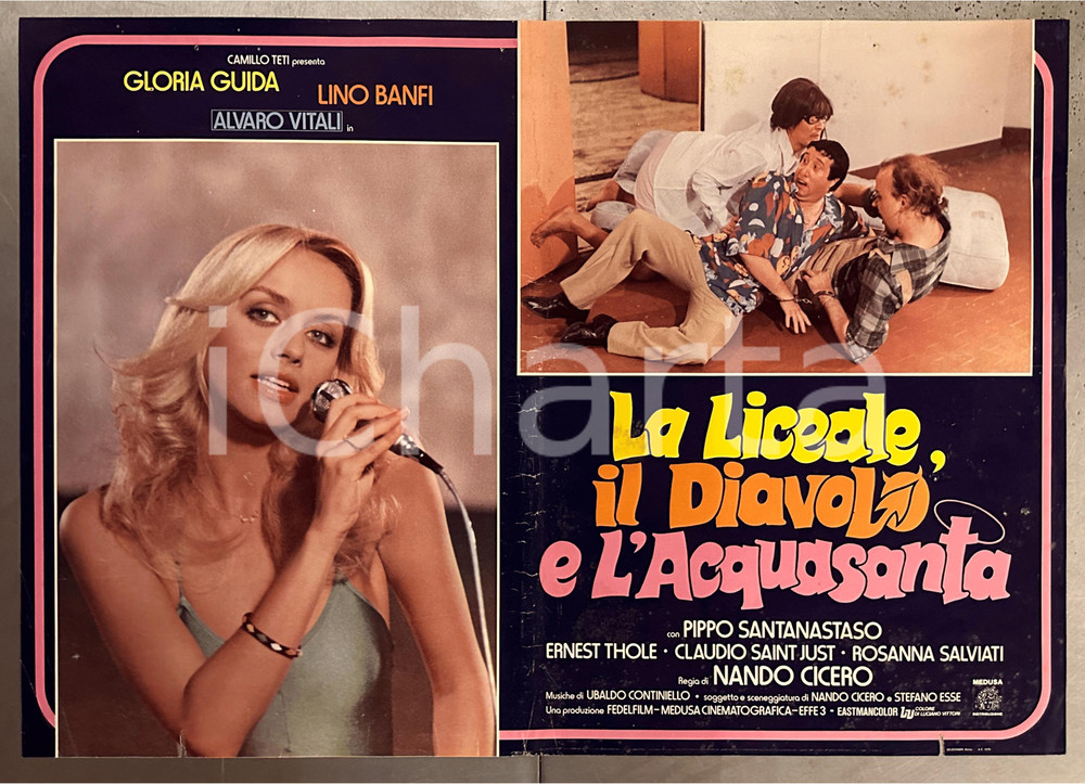 1979 Lino BANFI Gloria GUIDA "La liceale, il diavolo e l'acquasanta" - Fotobusta Fotobusta cinematografica originale. POOR/danneggiato piegature d'epoca; fori di affissione; tracce di umiditÃ ; strappi marginali Formato: 67x47 cm originale e autentica 1