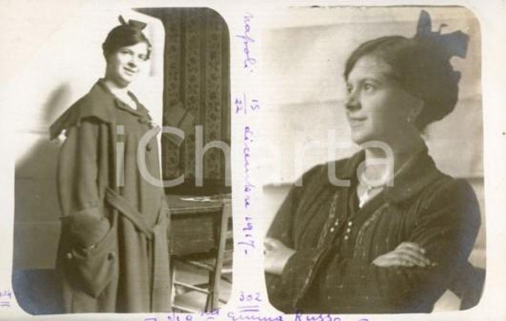 1917 NAPOLI Emma RUSSO - Ritratto con cappello *Fotocartolina Luigi GREA Fotografia originale d'epoca, in formato cartolina postale.Si tratta di uno scatto realizzato da un fotografo amatoriale, Luigi "Gigi" Grea, funzionario delle ferrovie.Didascalia manoscritta al recto. GOOD/buono  Formato: 14x9 cm originale e autentica 1