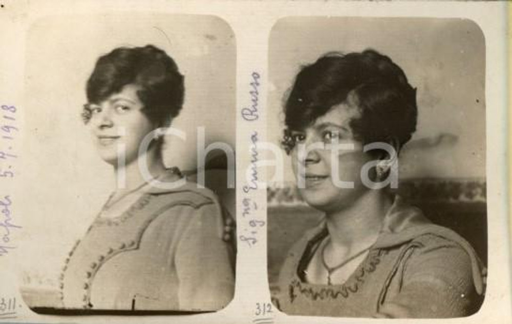 1918 NAPOLI Emma RUSSO - Ritratti di profilo *Fotocartolina Luigi GREA Fotografia originale d'epoca, in formato cartolina postale.Si tratta di uno scatto realizzato da un fotografo amatoriale, Luigi "Gigi" Grea, funzionario delle ferrovie.Didascalia manoscritta al recto. GOOD/buono  Formato: 14x9 cm originale e autentica 1