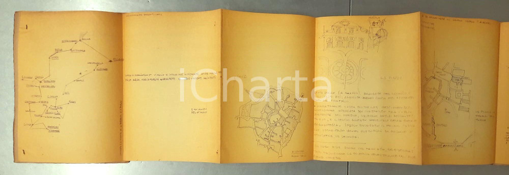 1956 Facoltà di Architettura - URBANISTICA - Planimetrie viaggio in Piemonte Interessante fascicolo, originale d'epoca, contenente un unico foglio ripiegato, realizzato in occasione di un viaggio di istruzione in Piemonte nell'ambito del corso di Urbanistica del prof. Mario Morini.Sono trattate le città di Vigevano, Nizza Monferrato, San Damiano d'Asti, Alba, Roddi, Serralunga d'Alba, Monticello, Pollenzo, Cherasco, Bra, Fossano, Cuneo, Vicoforte, Carmagnola, Moncalieri, Venaria Reale, Gattinara, Stupinigi, Torino, Novara e Borgomanero. GOOD/buono ma la copertina non è unita dal dorso Formato: 16x470 cm originale e autentica 1