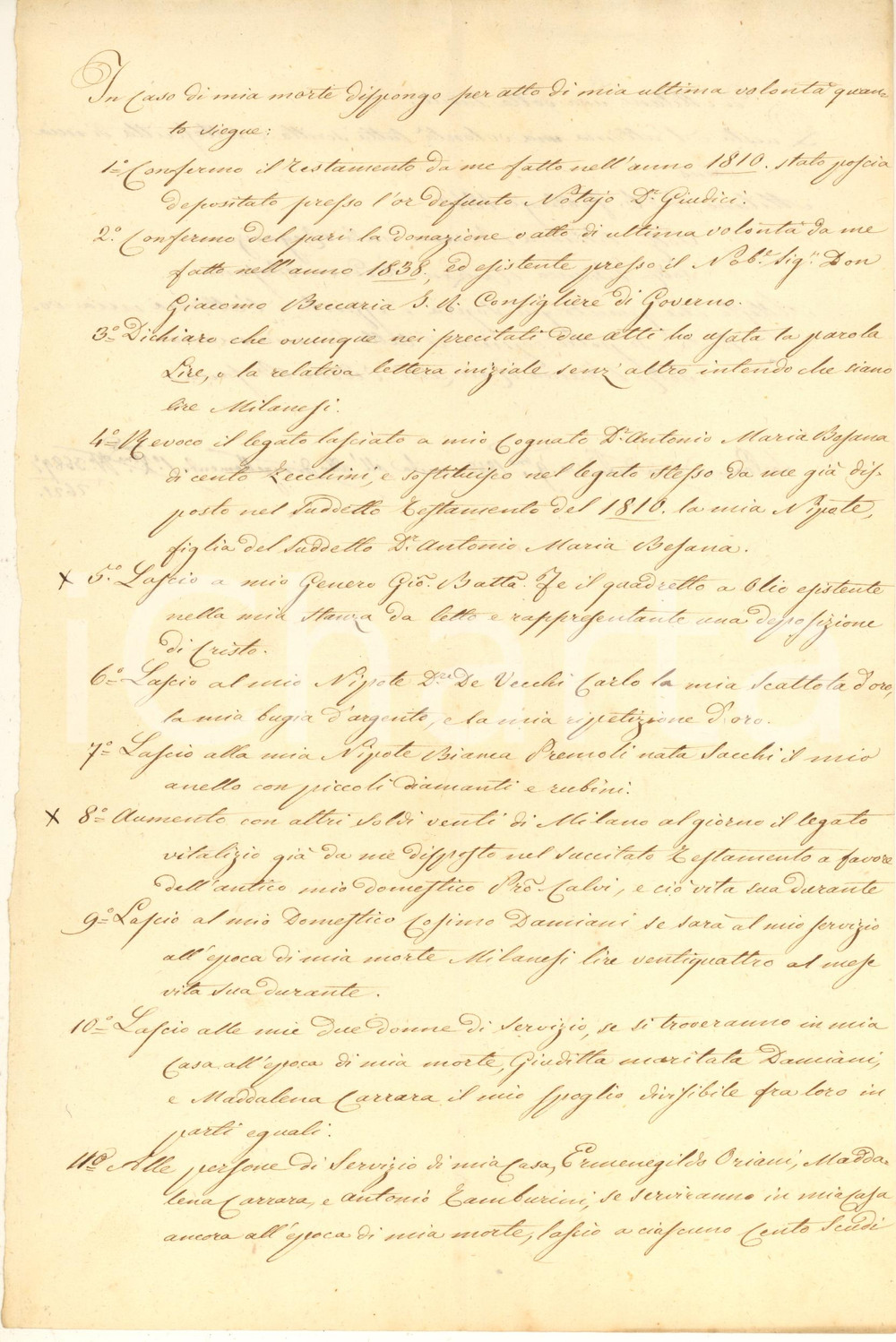 1840 MILANO Testamento Bianca REGANZANI - Rettifica e legati a nipoti e servitù Documento manoscritto, originale d'epoca, contenente la rettifica del testamento disposta da Bianca Reganzani, vedova Besana, con lasciti a favore dei nipoti e dei domestici.PAGINE: 1 (2 facciate) FAIR/discreto piegature d'epoca Formato: 21x31 cm originale e autentica 1