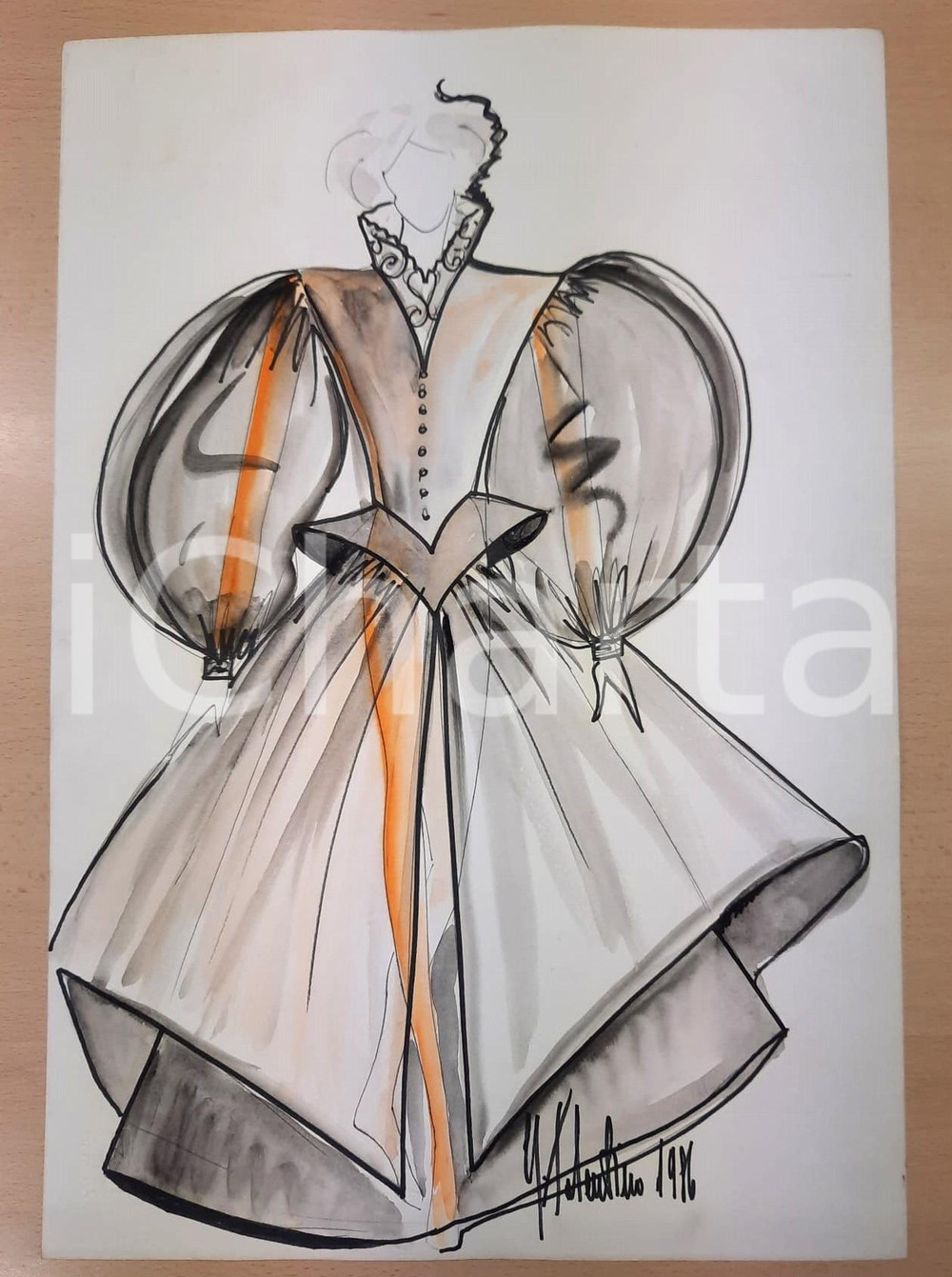 Stampa, bozzetto originale 1986 MODA Gianni TOLENTINO  Bozzetto Lady Leonarde Capitan Fracassa AUTOGRAFO 1