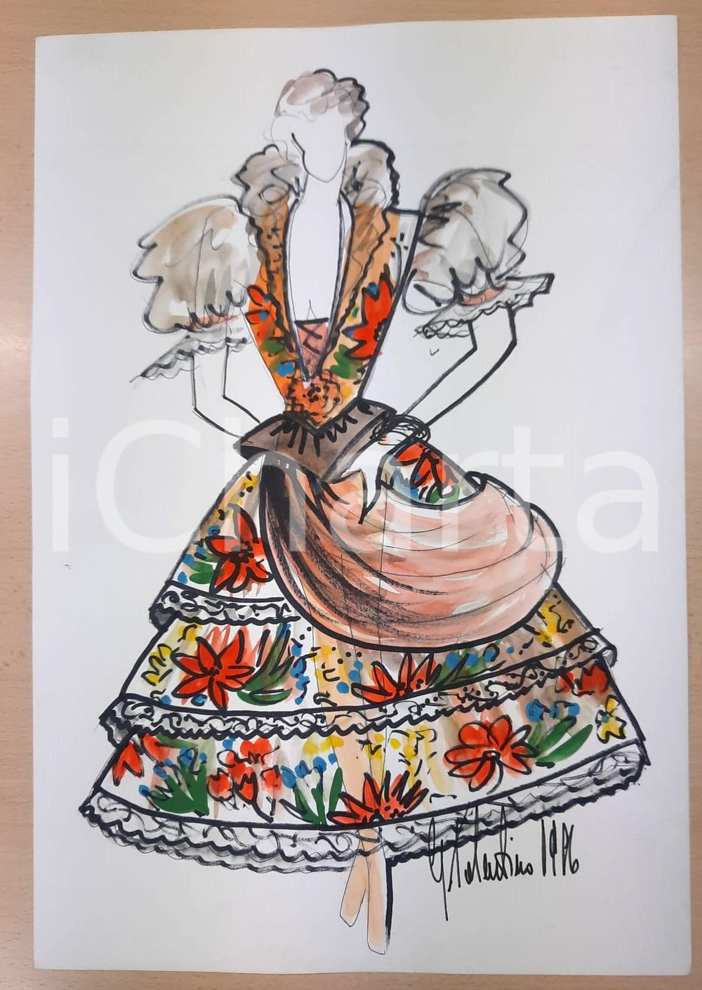 1986 MODA Gianni TOLENTINO - Bozzetto Zerbina "Capitan Fracassa" *AUTOGRAFO Bozzetto originale, autografo, disegnato e colorato a mano dallo stilista Gianni Tolentino.Si tratta del bozzetto per un costume di scena per "Capitan Fracassa".Su carta. GOOD/buono  Formato: 33x48 cm originale e autentica 1