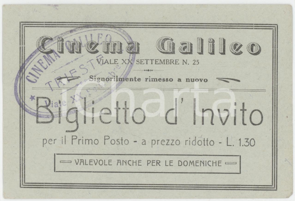 1915 ca TRIESTE Cinema Galileo - Biglietto d'invito 10x7 cm Tessera d'epoca.  FAIR/discreto Lievi smussature agli angoli Formato: 10x7 cm originale e autentica 1