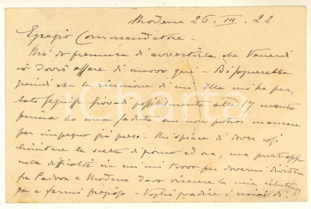 1922 MODENA Avv. Giorgio SACERDOTI su appuntamento - Cartolina autografa Cartolina postale originale d'epoca, con messaggio autografo.Viaggiata. GOOD/buono  Formato: 14x9 cm originale e autentica 1
