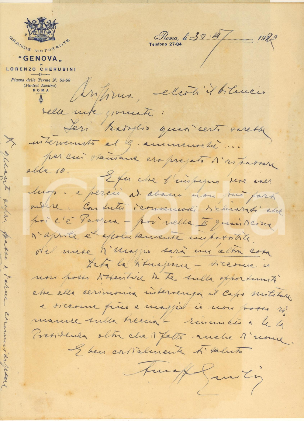 1922 ROMA Cav. Emilio ASTORI sull'organizzazione di una cerimonia *Autografo Lettera interamente autografa del cav. Emilio Astori, direttore medico delle Terme di Abano.Su carta intestata "Grande Ristorante Genova di Lorenzo Cherubini - Roma"Busta intestata e viaggiata.PAGINE: 1 POOR/danneggiato piegature d'epoca; vasto ingiallimento Formato: 23x29 cm originale e autentica 1