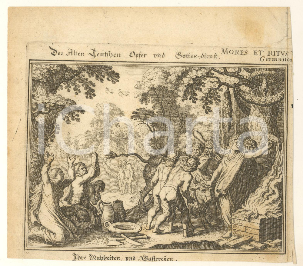 1649 Mores et ritus veterum Germanorum - Der Alten Deutschen Opfer *Incisione Incisione originale d'epoca, tratta dall'opera " Mores et ritus veterum Germanorum".  FAIR/discreto lievi piegature marginali e margini rifilati Formato: 19x17 cm originale e autentica 1