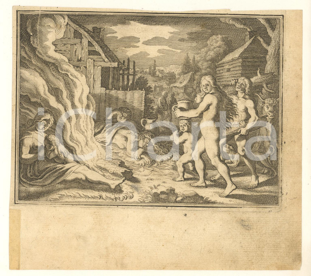 1649 Mores et ritus veterum Germanorum - Haußhalten und Wohnungen *Incisione Incisione originale d'epoca, tratta dall'opera " Mores et ritus veterum Germanorum".  FAIR/discreto lievi piegature marginali e margini rifilati Formato: 19x17 cm originale e autentica 1