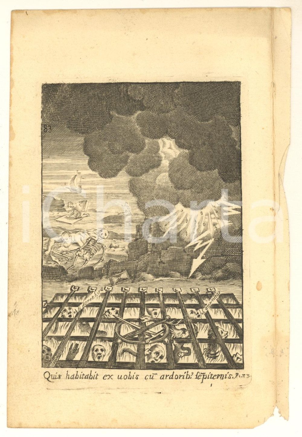 1676 Exercitia Spiritualia S.P. Ignatii Loyolae - Quis habitabit ex vobis STAMPA Incisione originale d'epoca, tratta dall'opera " Exercitia Spiritualia S.P. Ignatii Loyolae ", edizione Knobbaert del 1676 ad Anversa.  FAIR/discreto lievi piegature e piccola mancanza al lato inferiore Formato: 13x18 cm originale e autentica 1