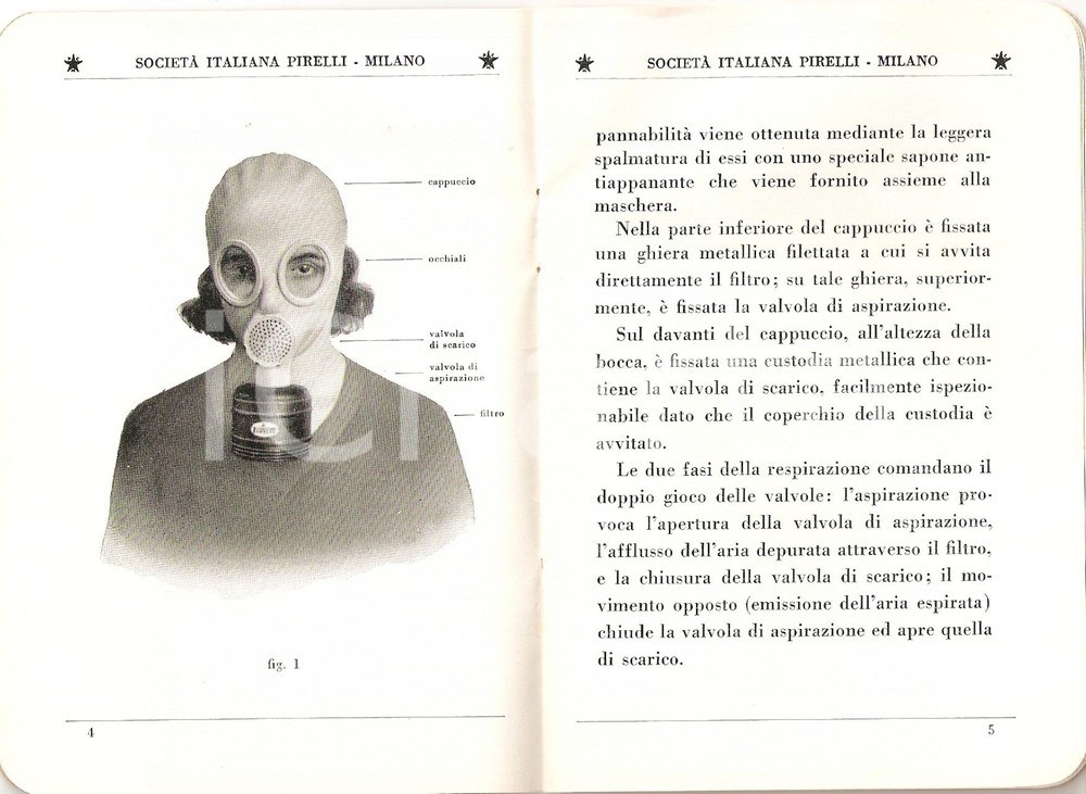 Libro, pubblicazione d epoca 1935 MILANO  PIRELLI Maschera antigas tipo S.I.P. 1 Guerra chimica 3 1
