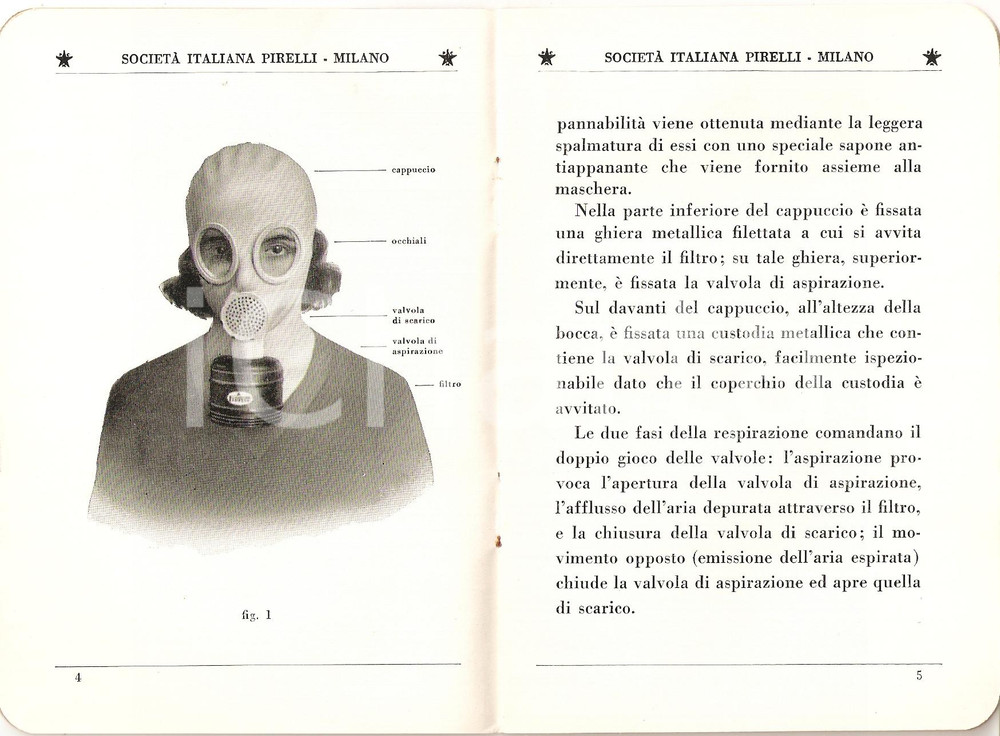 Libro, pubblicazione d epoca 1935 MILANO  PIRELLI Maschera antigas tipo S.I.P. 1 Guerra chimica 4 1