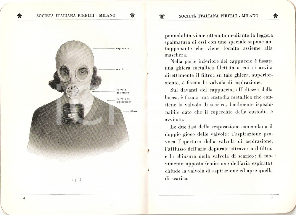 Libro, pubblicazione d epoca 1935 MILANO PIRELLI Maschera antigas tipo S.I.P. 1 Guerra chimica 1 1
