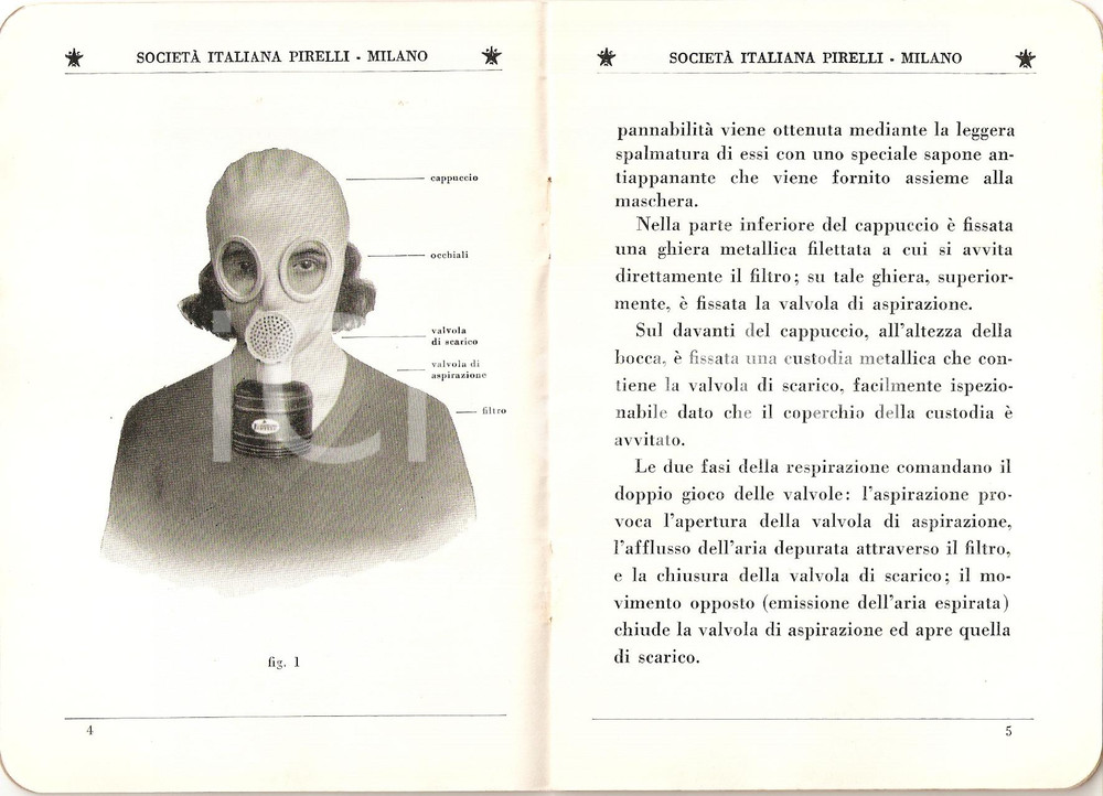 Libro, pubblicazione d epoca 1935 MILANO  PIRELLI Maschera antigas tipo S.I.P. 1 Guerra chimica 7 1