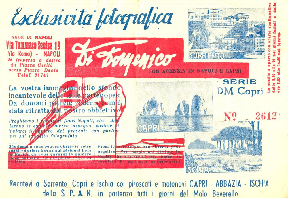 Materiale pubblicitario d’epoca 1950 ca NAPOLI Esclusività fotografica DI DOMENICO Pubblicità S.P.A.N. 1