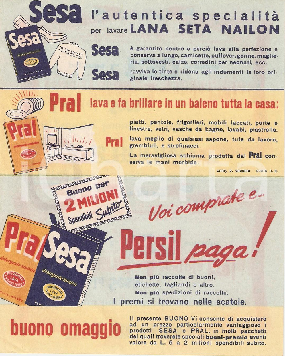 Materiale pubblicitario d’epoca 1960 ca DETERSIVI PERSIL Buono sconto PRAL  SESA Pubblicità ILLUSTRATA 1