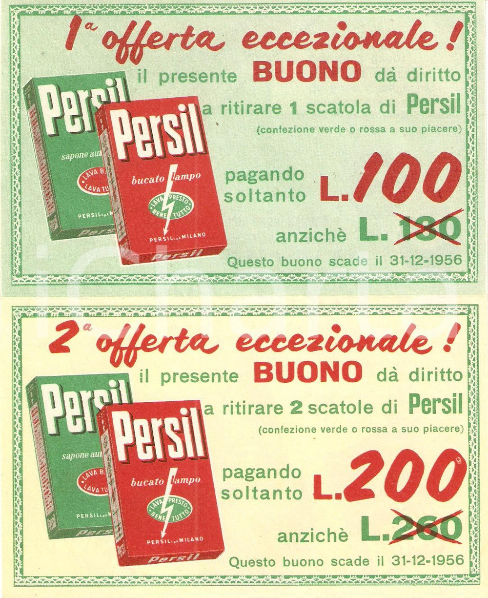 Materiale pubblicitario d’epoca 1956 Detersivo PERSIL Due offerte eccezionali buoni sconto  Pubblicità 1