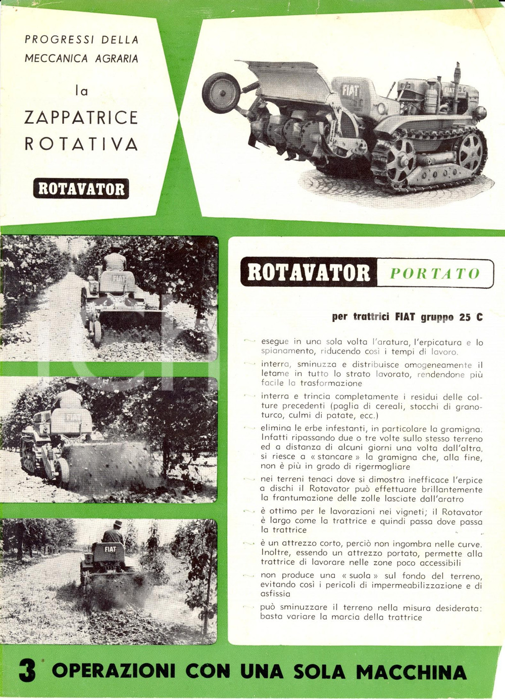 Materiale pubblicitario d’epoca 1955 ca Zappatrice rotativa ROTAVATOR PORTATO per trattrici FIAT 25C PubblicitÃ  1