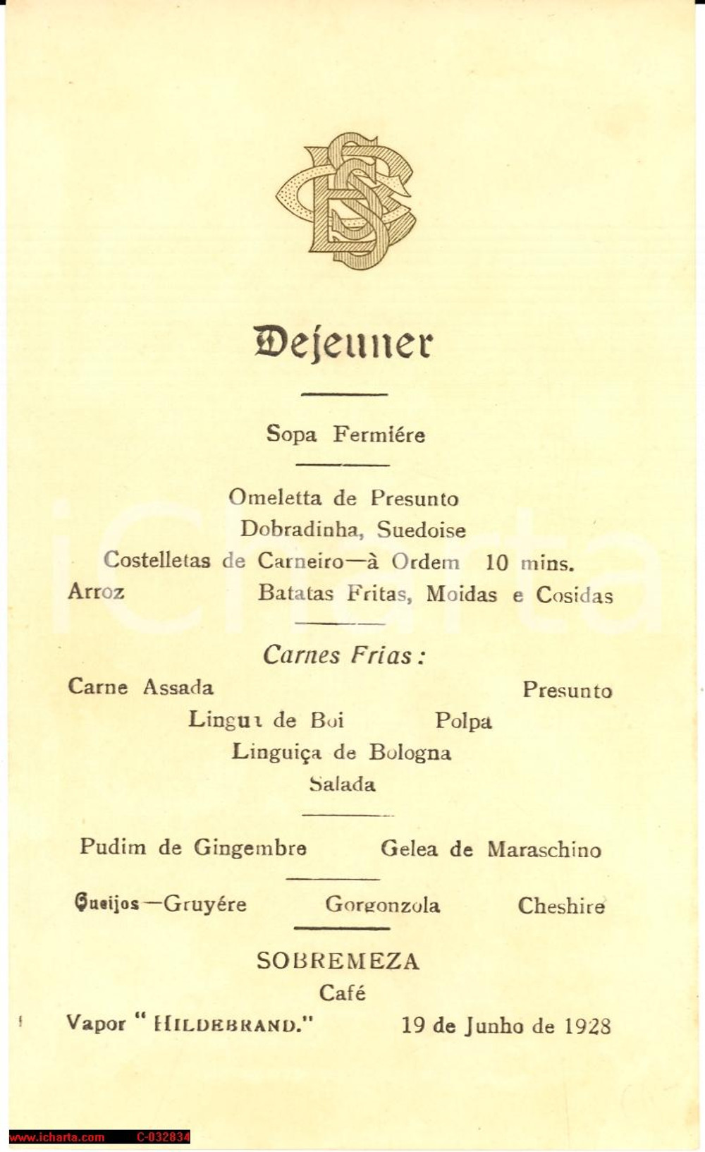 Oggetto da collezione cartaceo 1928 Vapore HILDEBRAND Menù del pranzo 1