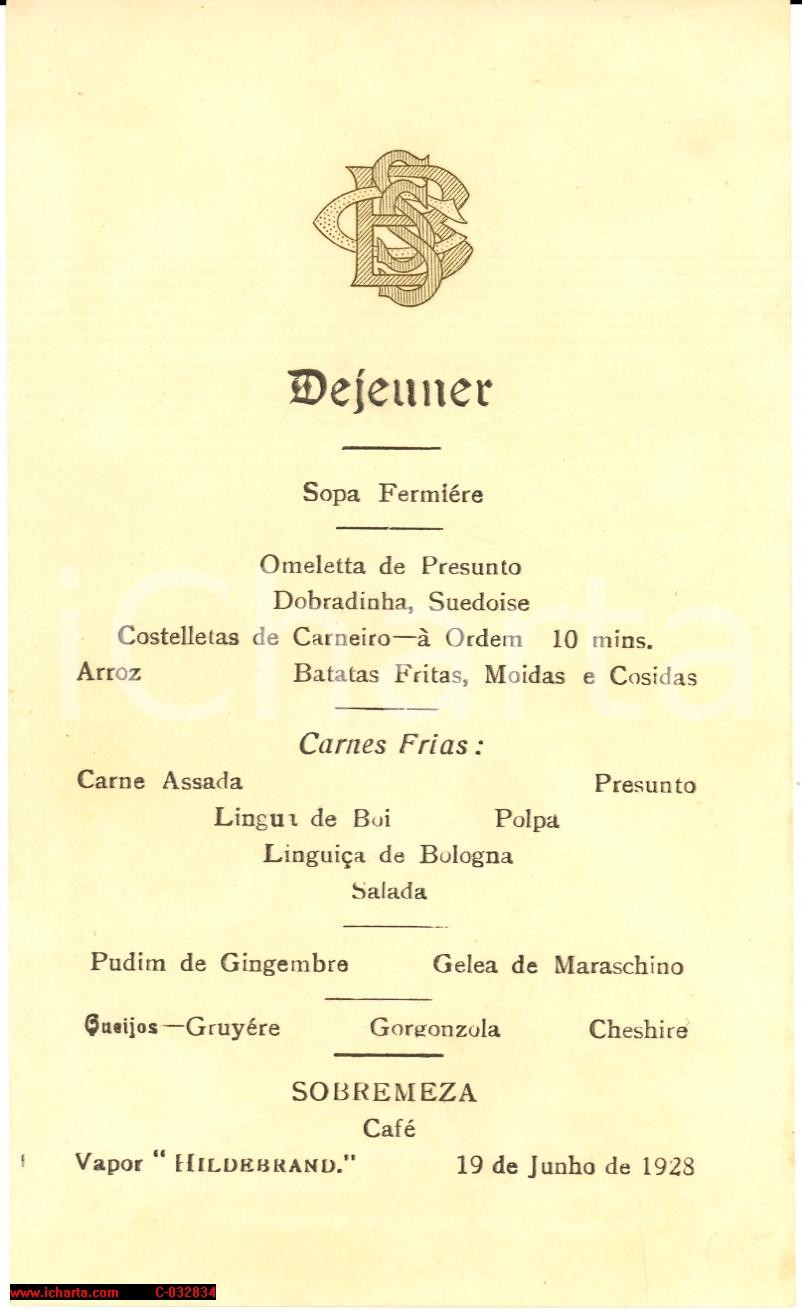 Oggetto da collezione cartaceo 1928 NAVE A VAPORE HILDEBRAND Menù del pranzo 1