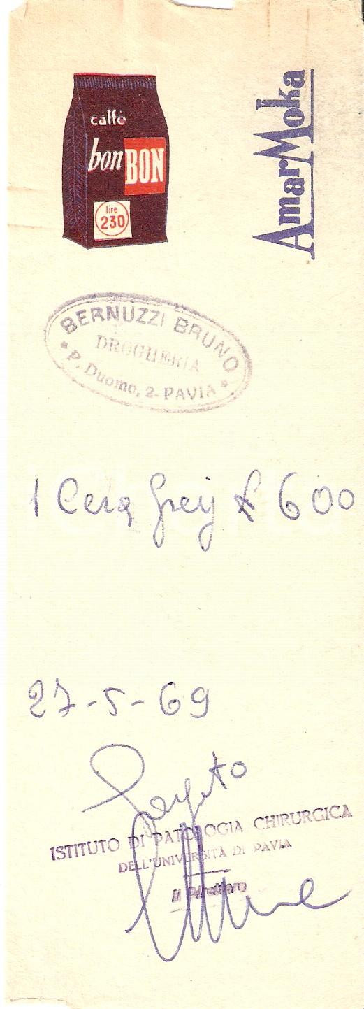 Materiale pubblicitario d’epoca 1969 PAVIA Drogheria Bruno BERNUZZI  AMAR MOKA Caffè BON BON Ricevuta 6x16 cm 1