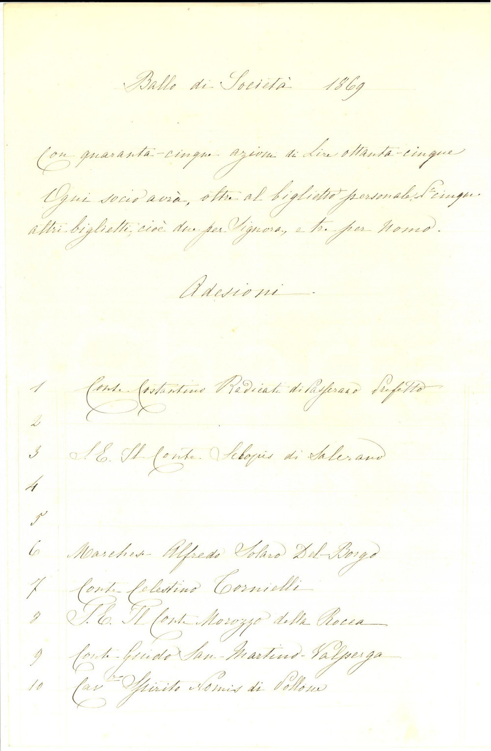 Manoscritto, lettera originale 1869 TORINO Ballo di societÃ  marchese Alfredo SOLARI DEL BORGO Adesioni nobili 1