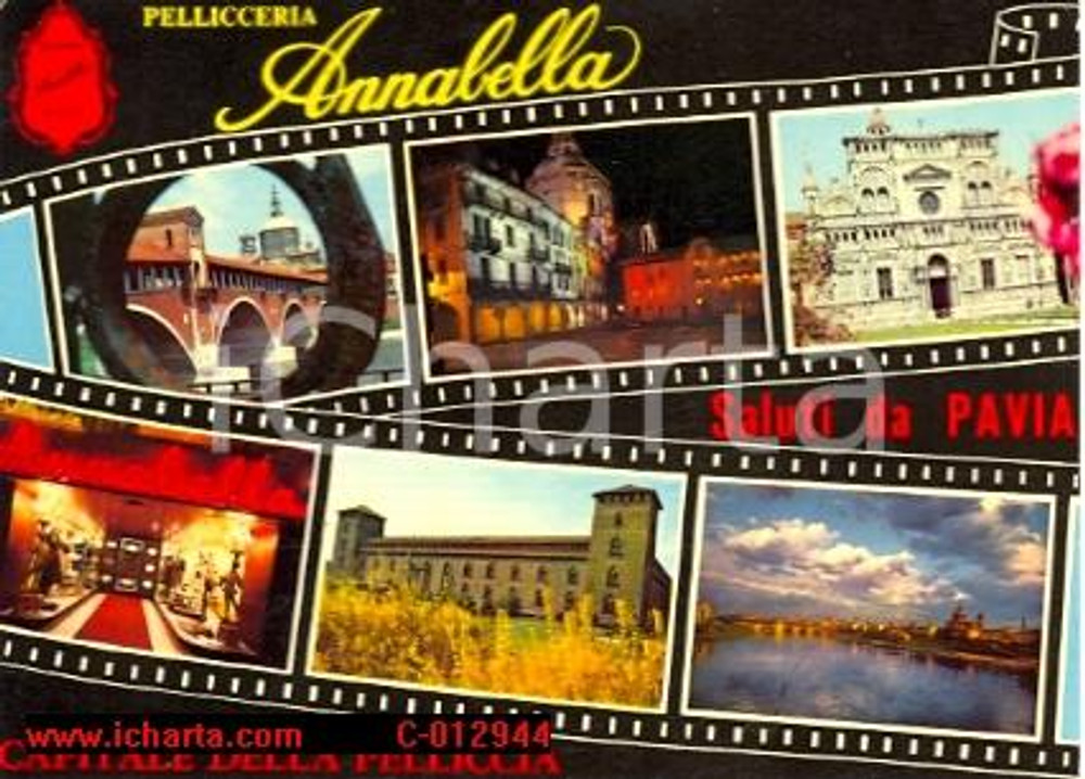 Cartolina originale da collezione 1975 ca PAVIA Pellicceria ANNABELLA Vedutine della città VINTAGE Cartolina FG NV 1