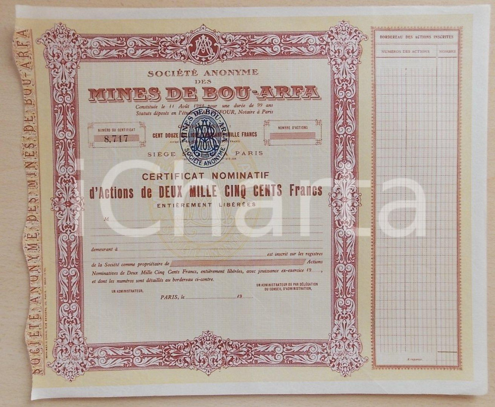 Oggetto da collezione cartaceo 1922 MINES DE BOUARFA MAROC Société Anonyme Certificat nominatif 2500 francs 1