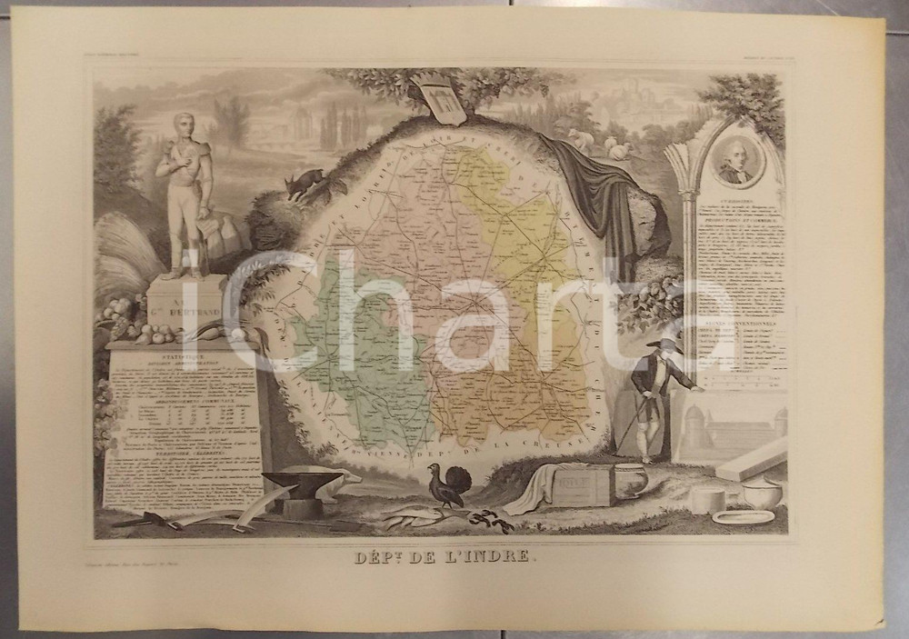Stampa, bozzetto originale 1861 PARIS Atlas National de la France illustré - Département de l'INDRE n.55 1